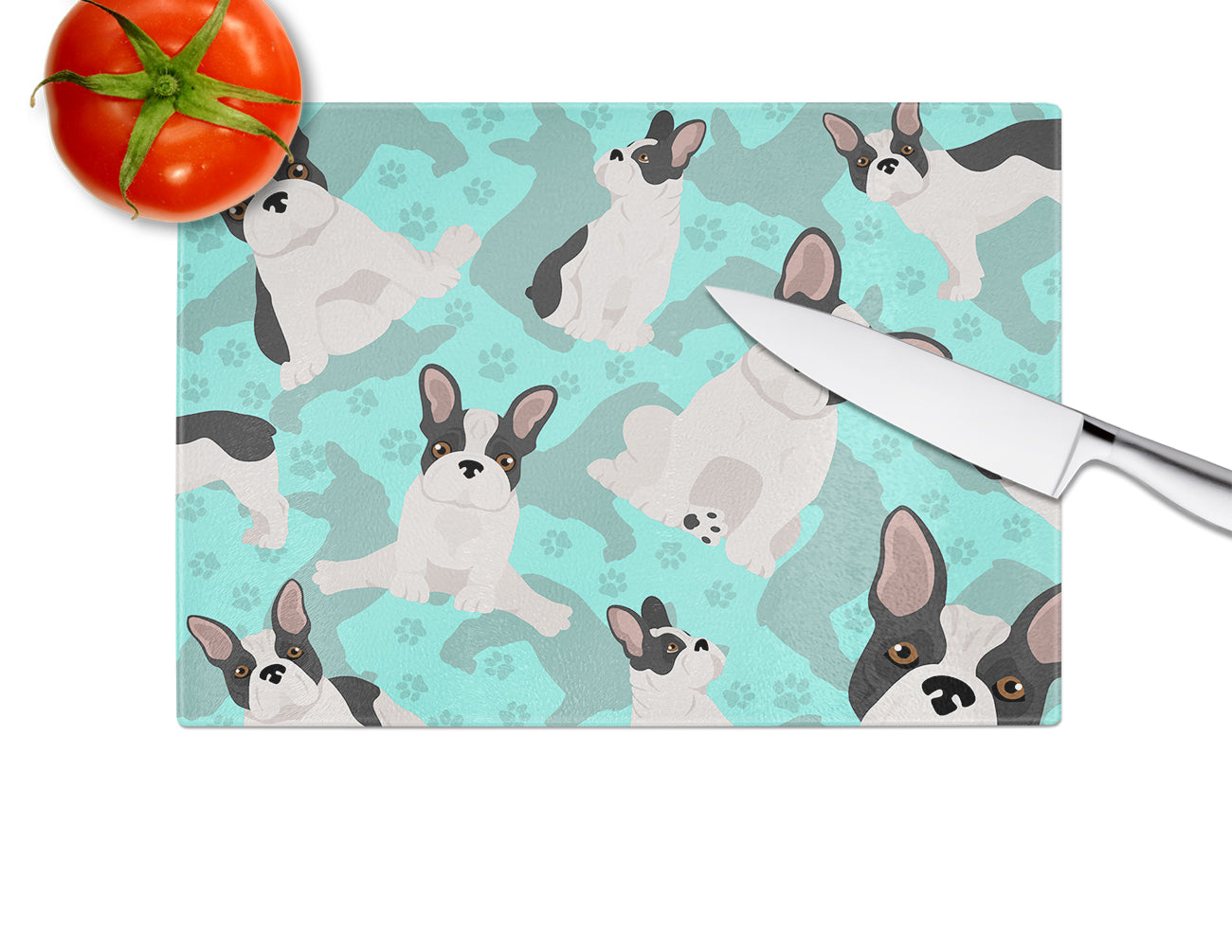 Black and White French Bulldog Glass Cutting Board Large