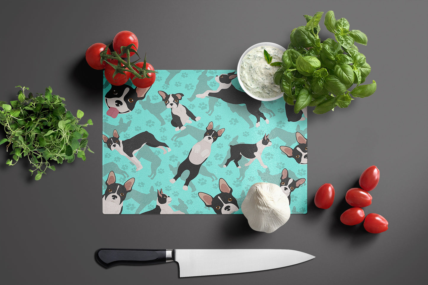 Boston Terrier Glass Cutting Board Large