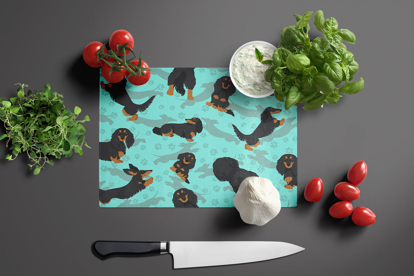 Longhaired Black Tan Dachshund Glass Cutting Board Large