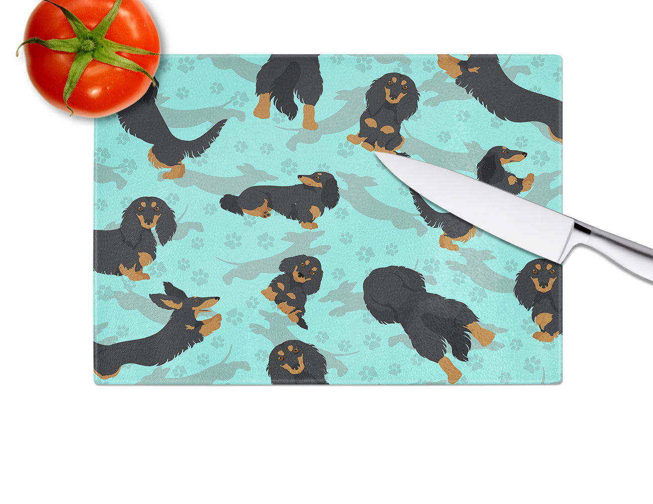 Longhaired Black Tan Dachshund Glass Cutting Board Large