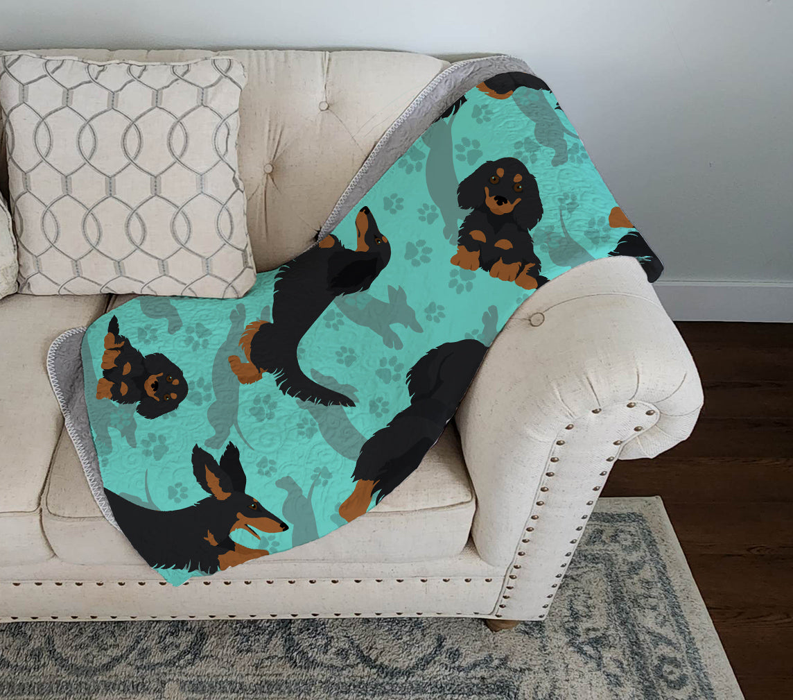 Longhaired Black Tan Dachshund Quilted Blanket 50x60