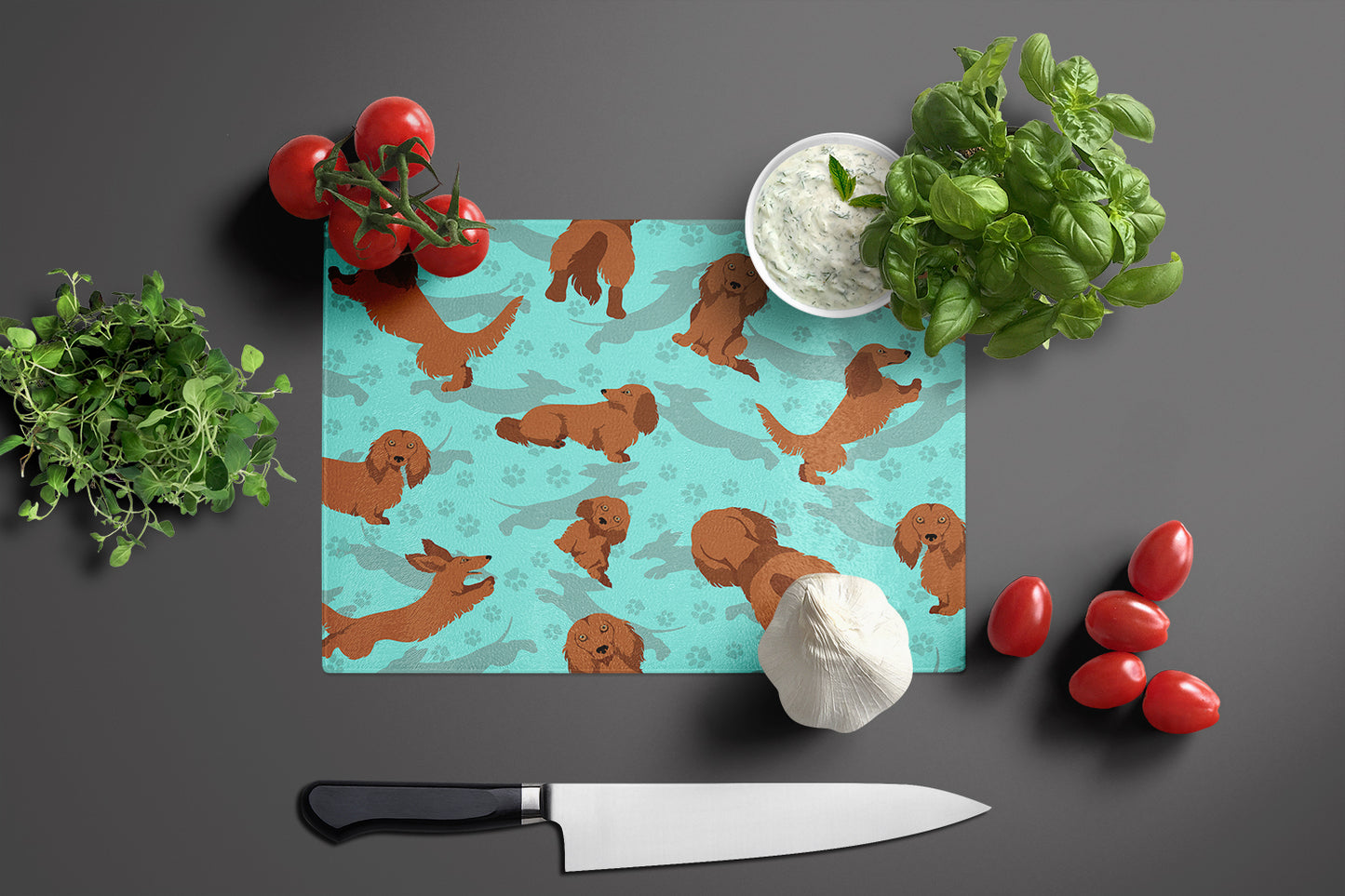 Longhaired Red Dachshund Glass Cutting Board Large