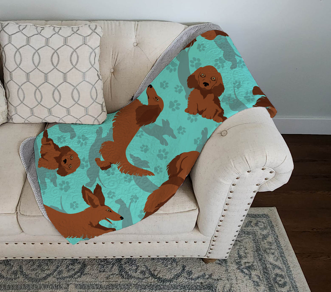 Longhaired Red Dachshund Quilted Blanket 50x60