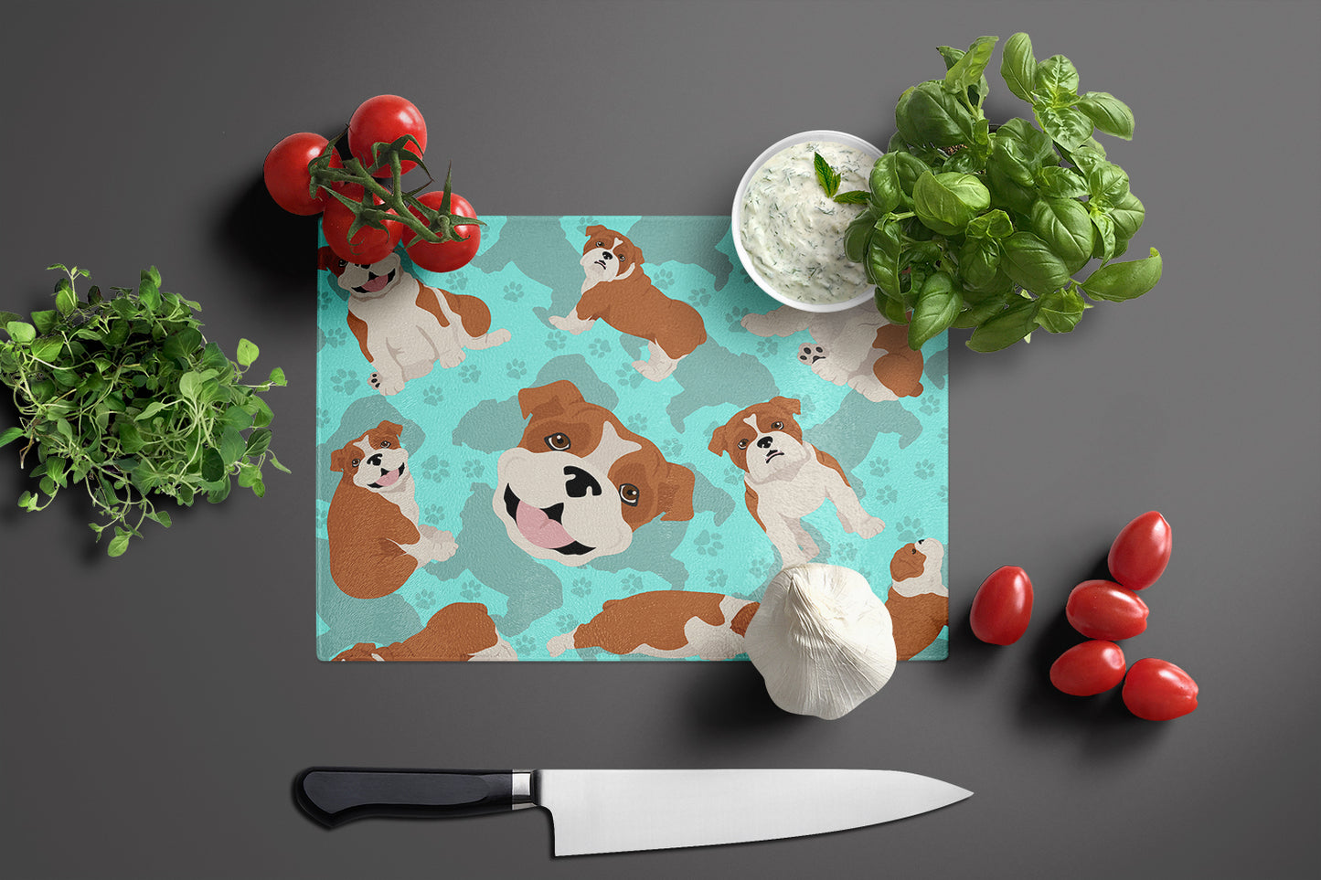 Red and White English Bulldog Glass Cutting Board Large