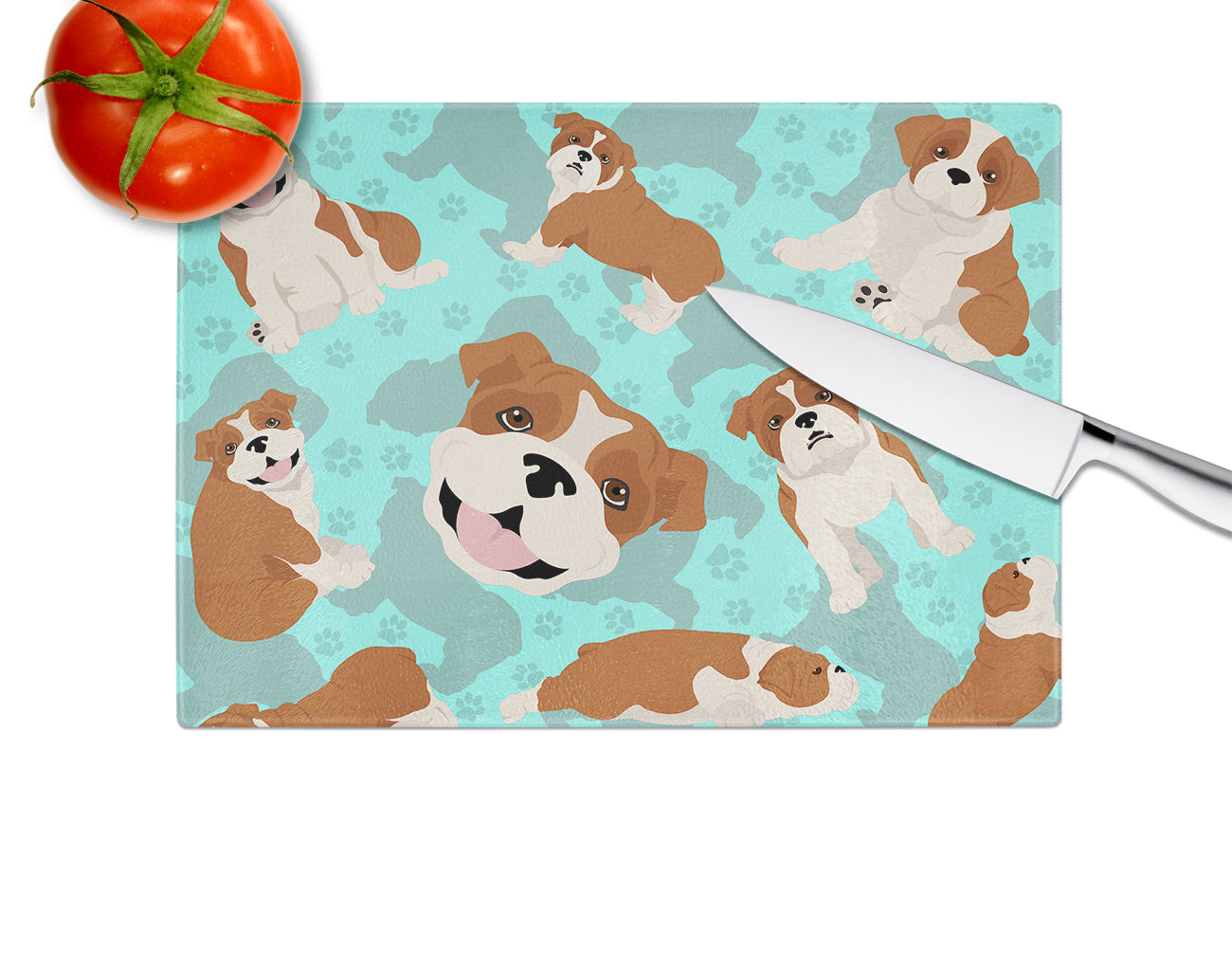 Red and White English Bulldog Glass Cutting Board Large