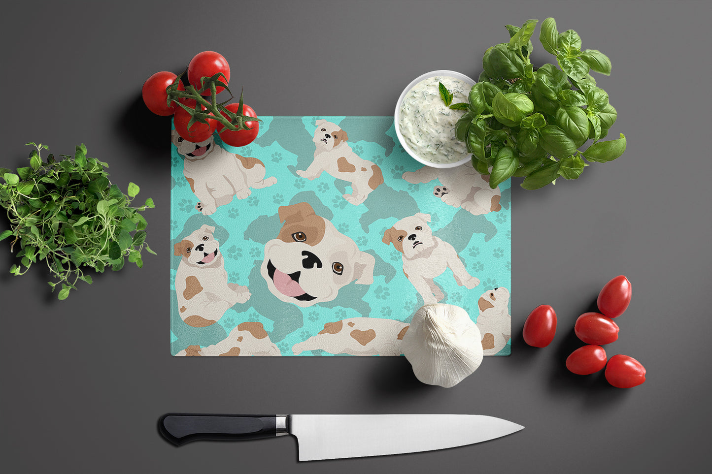 Piebald English Bulldog Glass Cutting Board Large