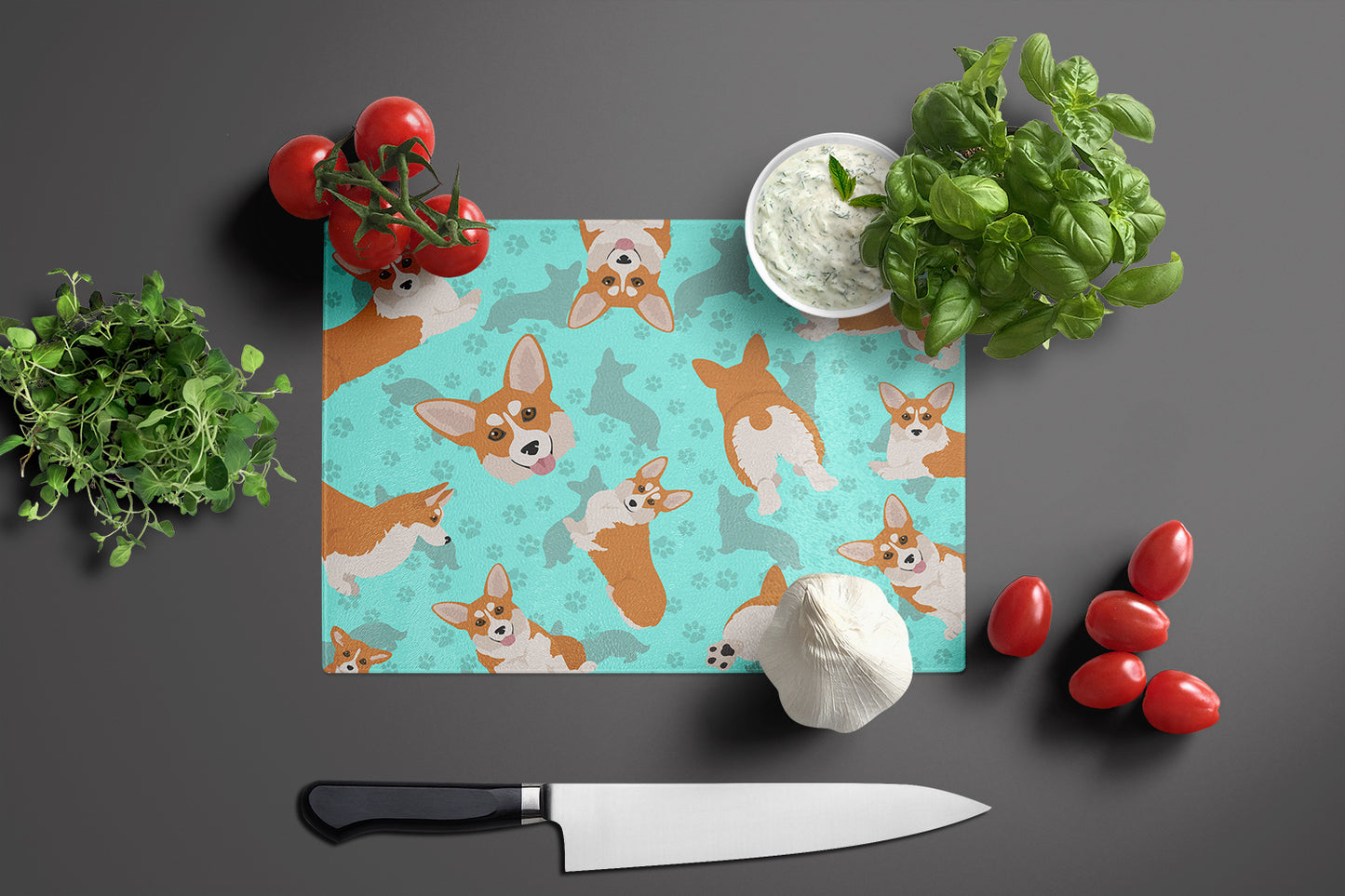 Red and White Pembroke Corgi Glass Cutting Board Large