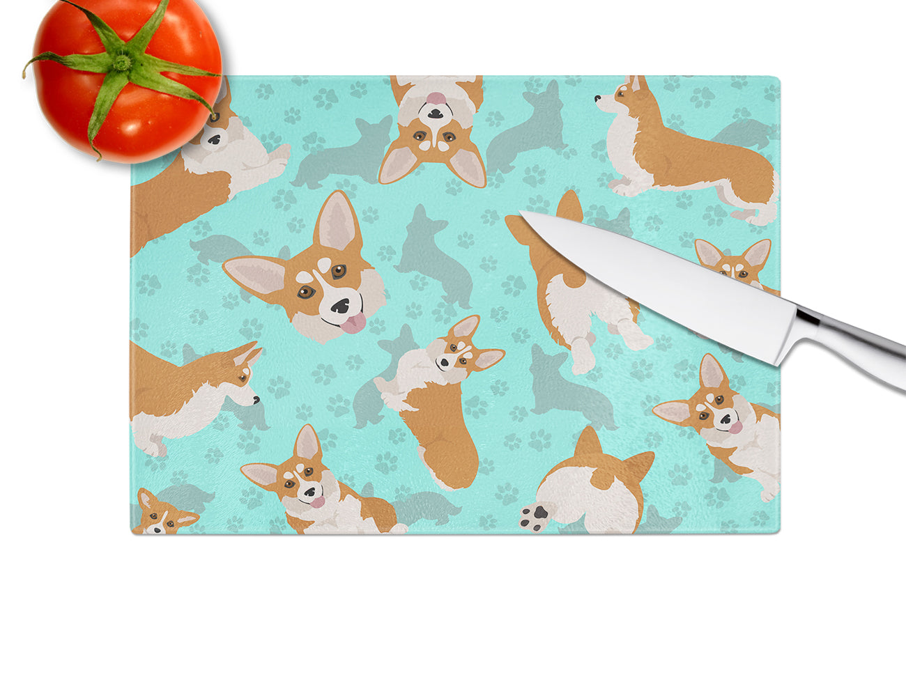 Red and White Pembroke Corgi Glass Cutting Board Large