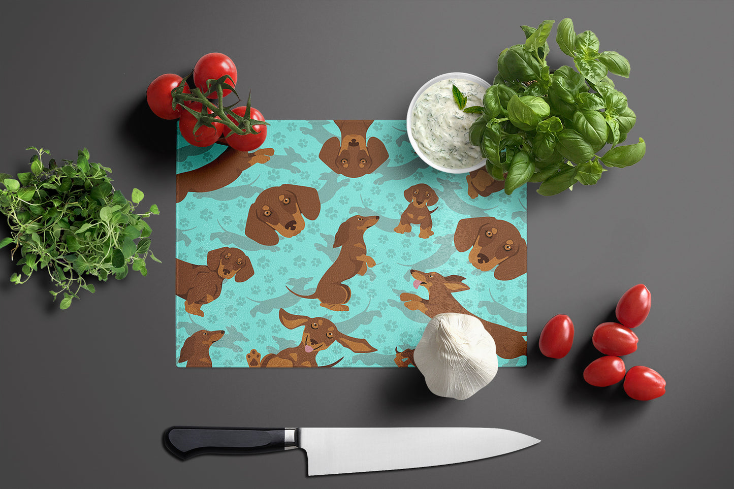 Chocolate and Tan Dachshund Glass Cutting Board Large