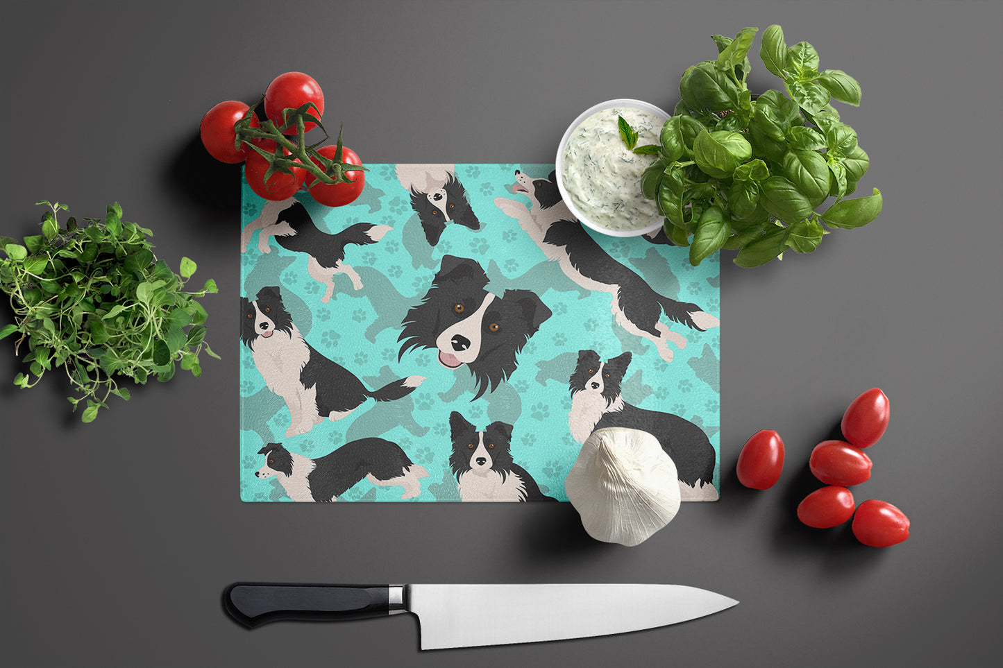 Border Collie Glass Cutting Board Large