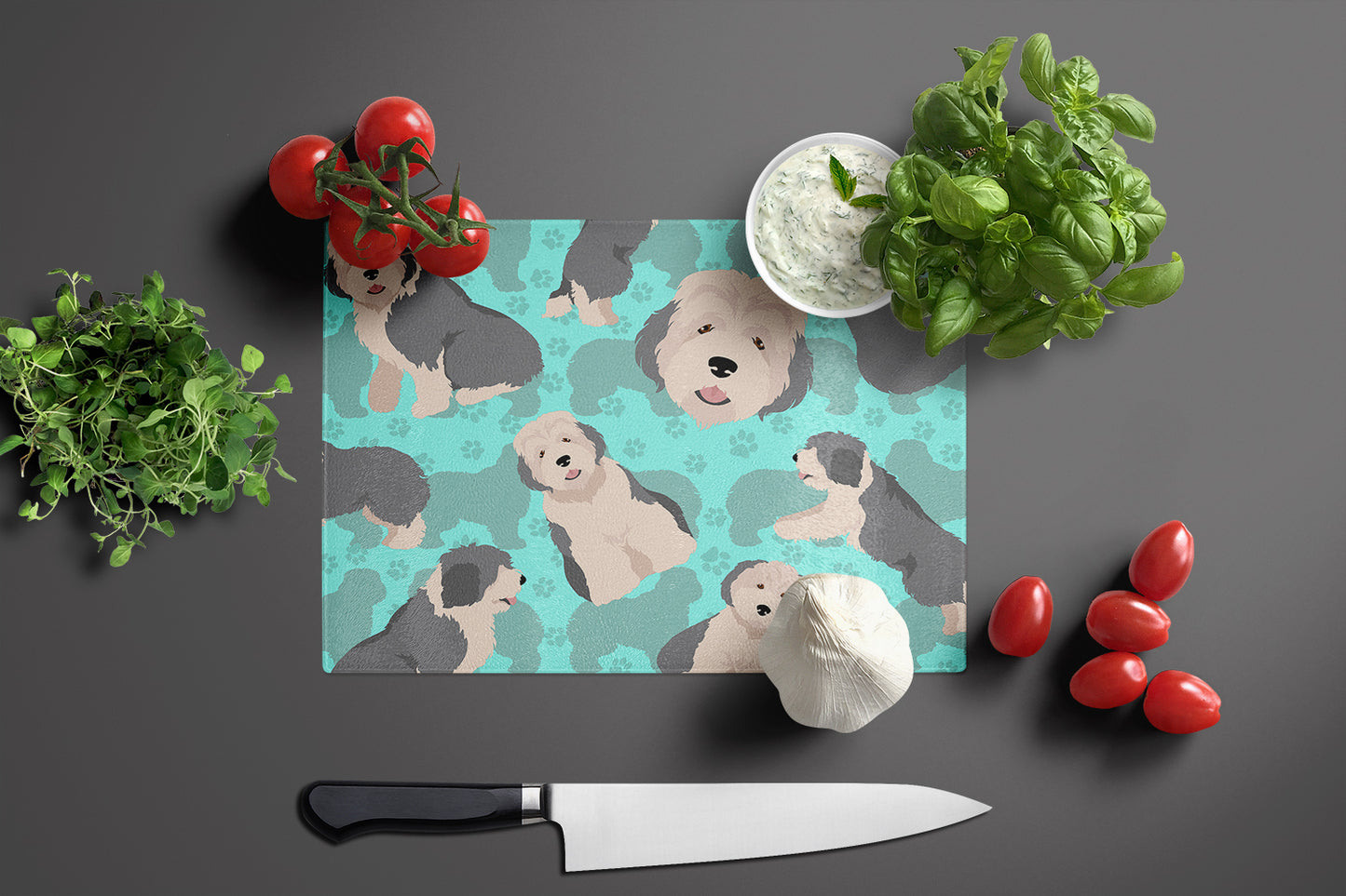 Old English Sheepdog Glass Cutting Board Large