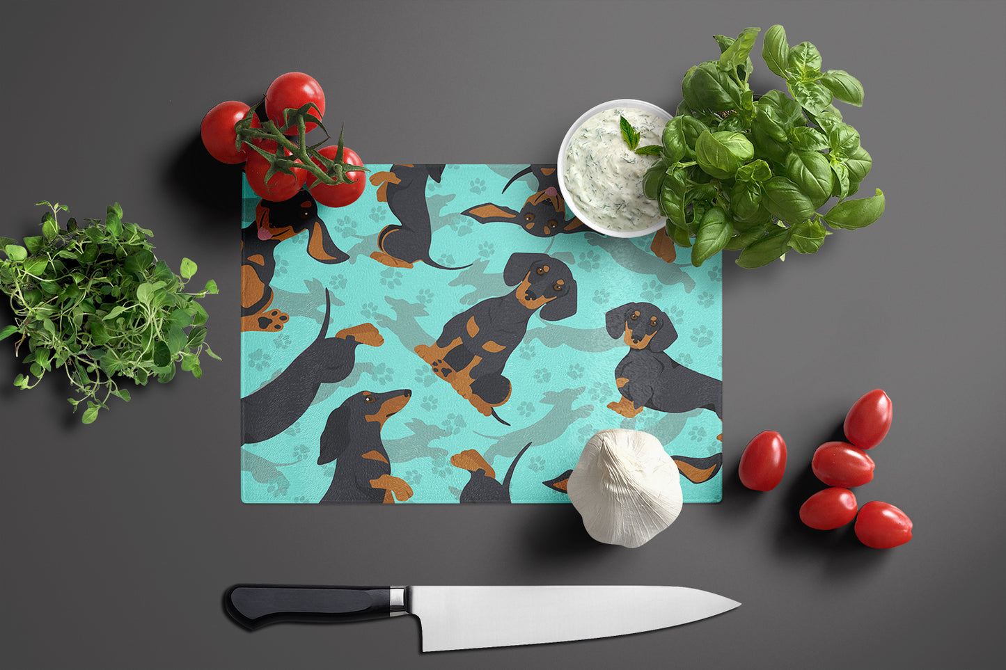 Black and Tan Dachshund Glass Cutting Board Large