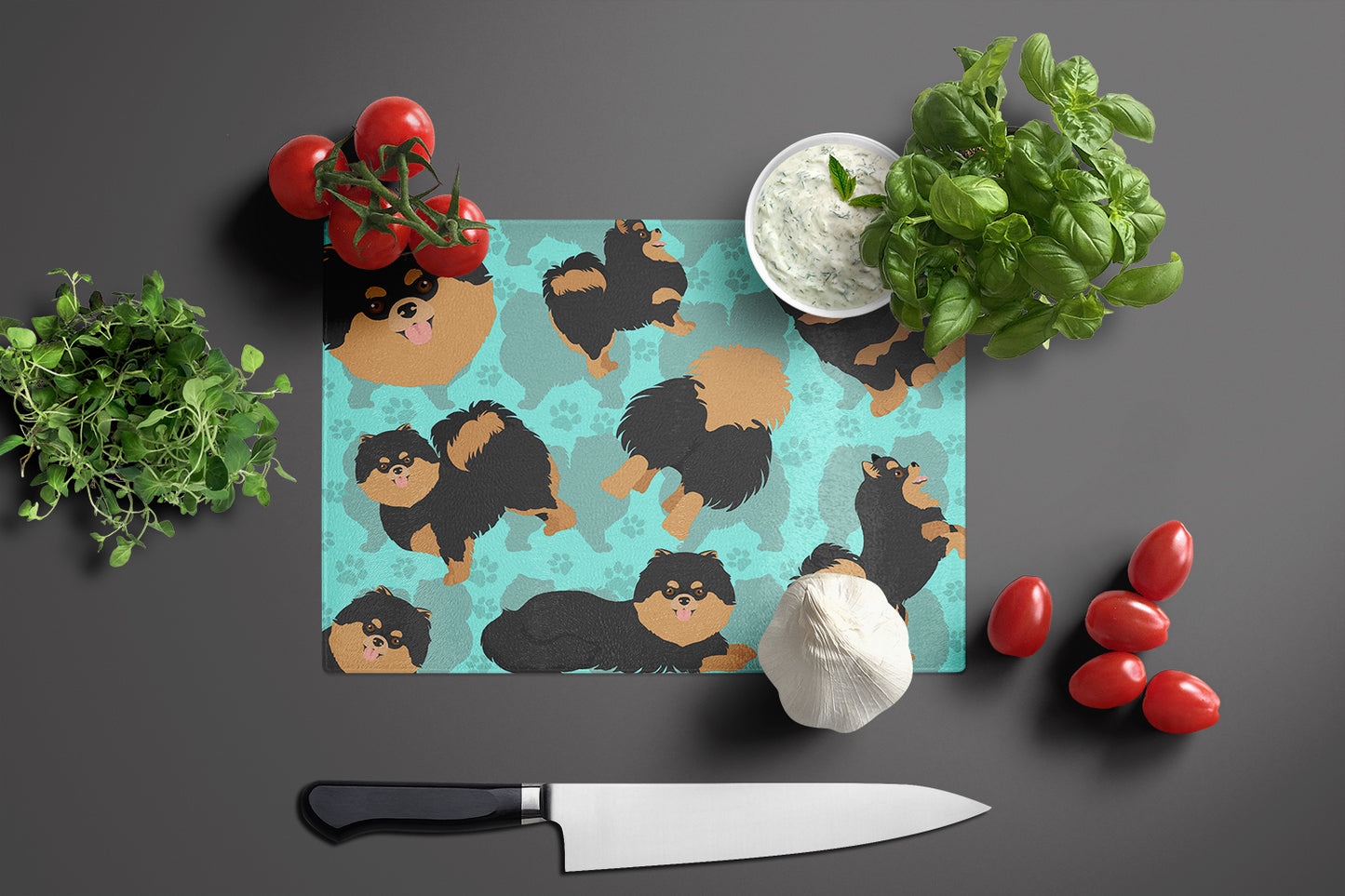Black and Tan Pomeranian Glass Cutting Board Large