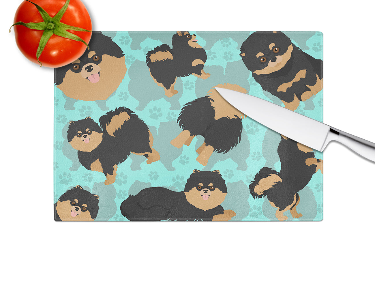 Black and Tan Pomeranian Glass Cutting Board Large