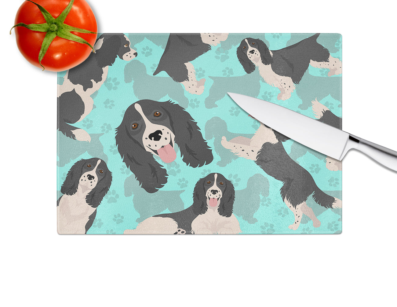 Black and White English Springer Spaniel Glass Cutting Board Large