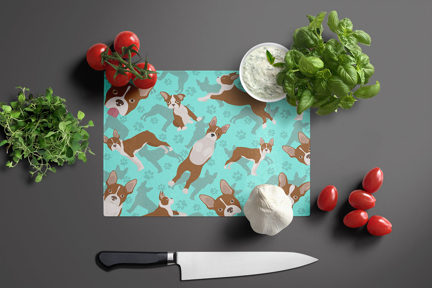 Red Boston Terrier Glass Cutting Board Large
