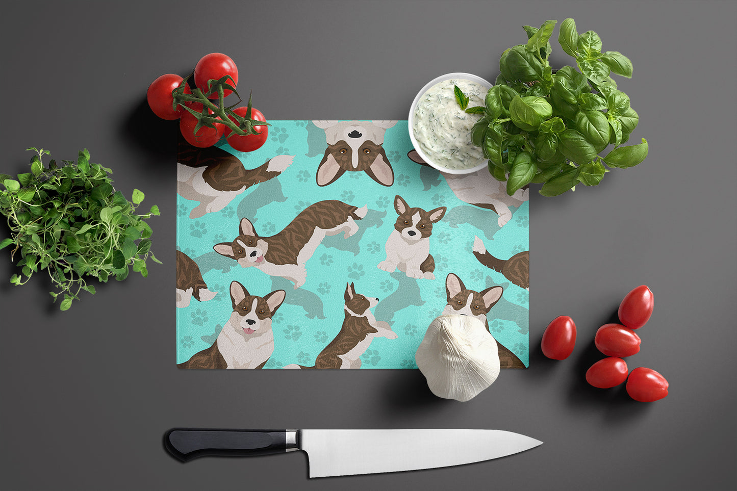 Brindle Cardigan Corgi Glass Cutting Board Large
