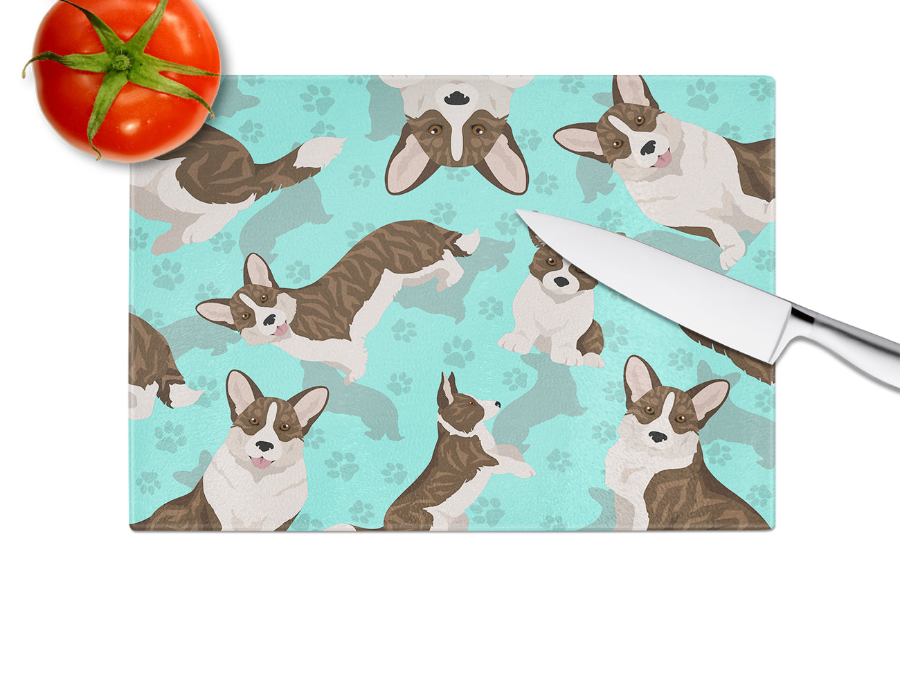 Brindle Cardigan Corgi Glass Cutting Board Large