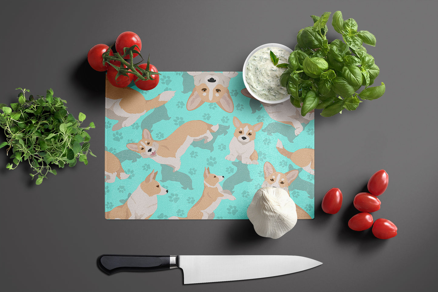 Fawn Cardigan Corgi Glass Cutting Board Large