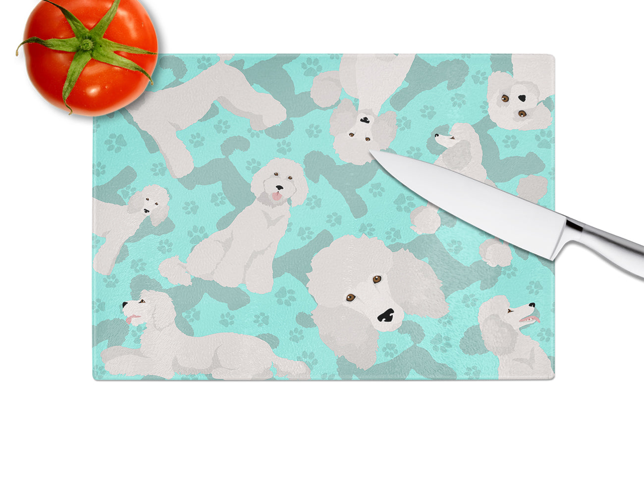 White Standard Poodle Glass Cutting Board Large