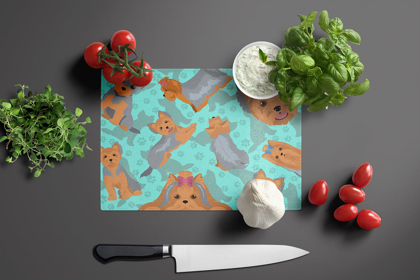 Blue and Tan Yorkie Glass Cutting Board Large