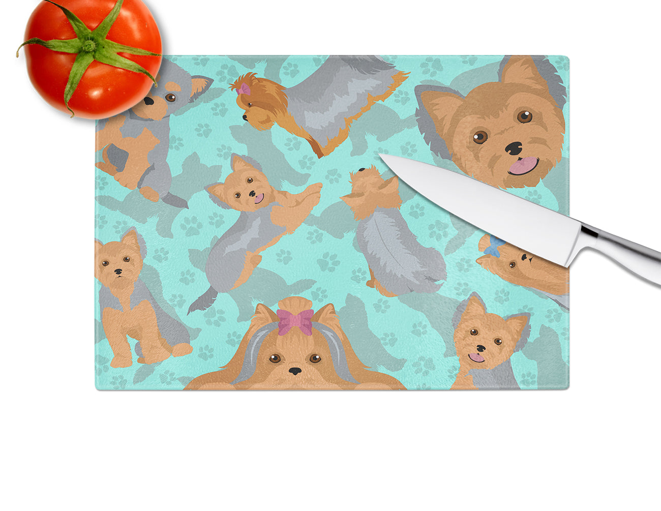 Blue and Tan Yorkie Glass Cutting Board Large