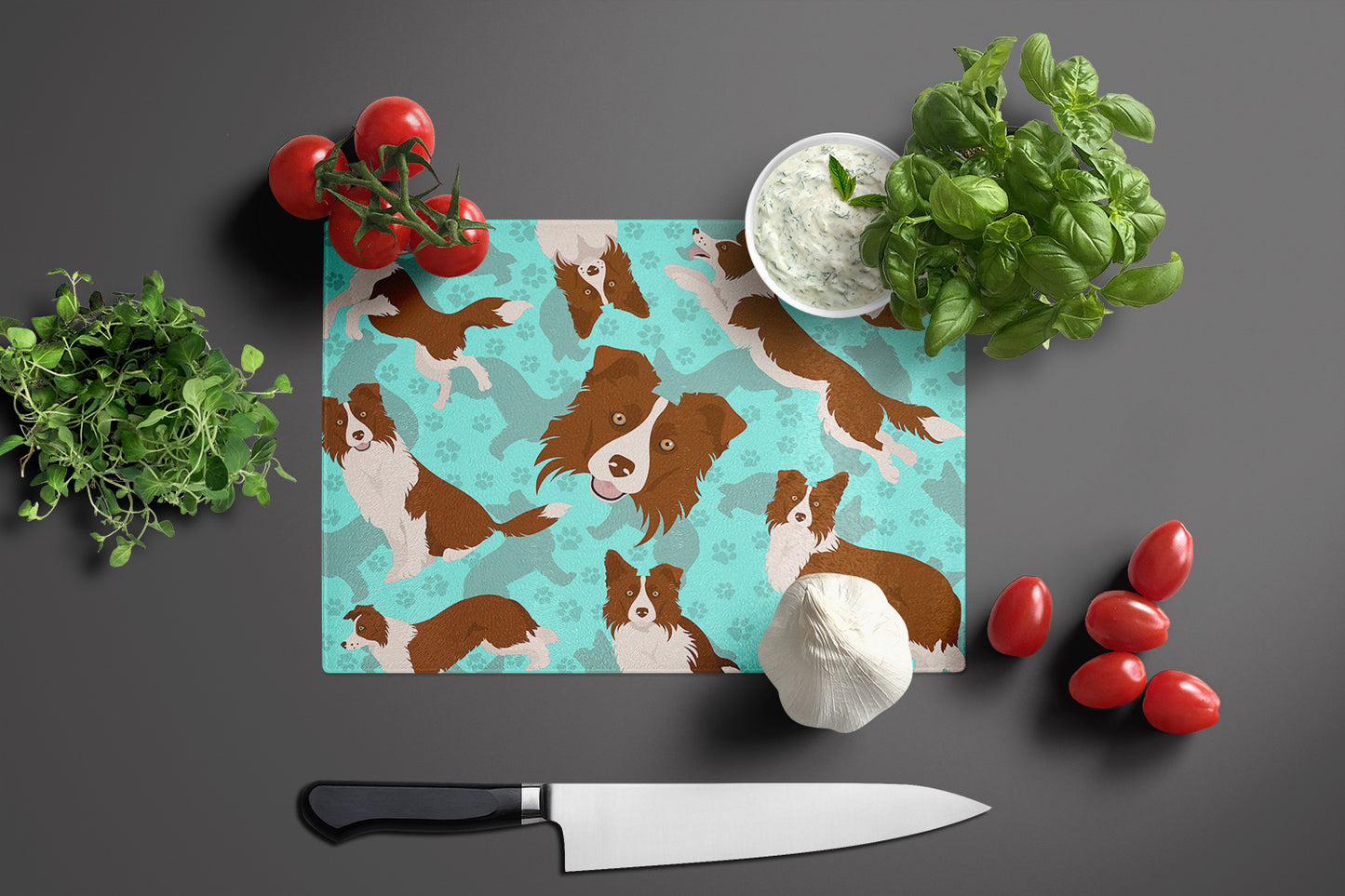 Red Border Collie Glass Cutting Board Large