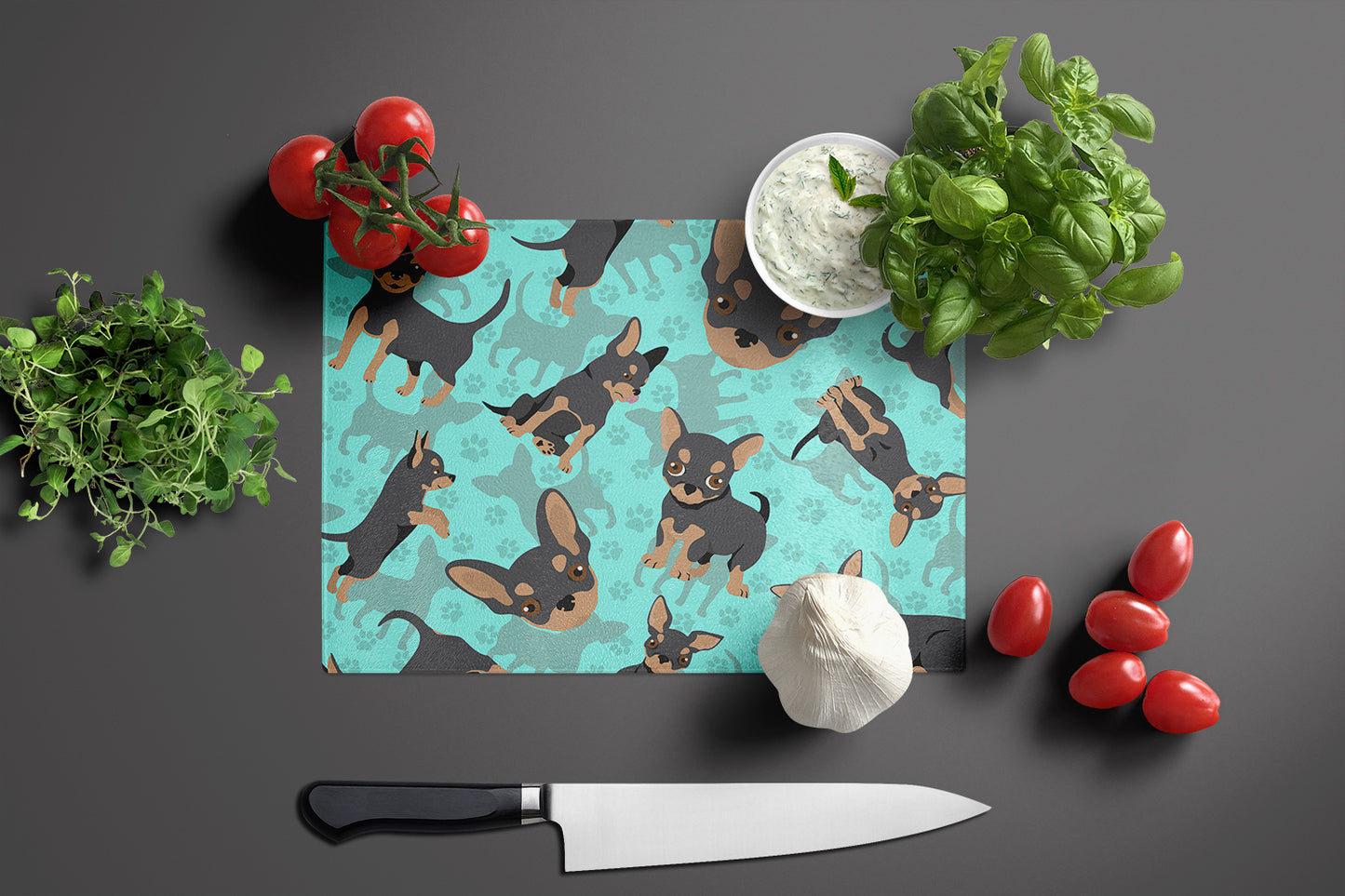 Black and Tan Chihuahua Glass Cutting Board Large