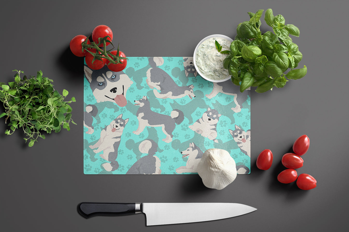 Grey Siberian Husky Glass Cutting Board Large