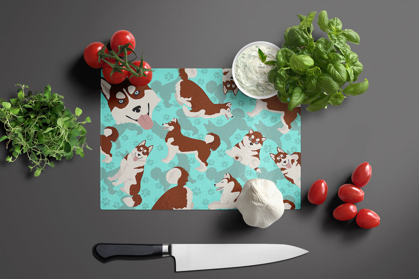 Red Siberian Husky Glass Cutting Board Large