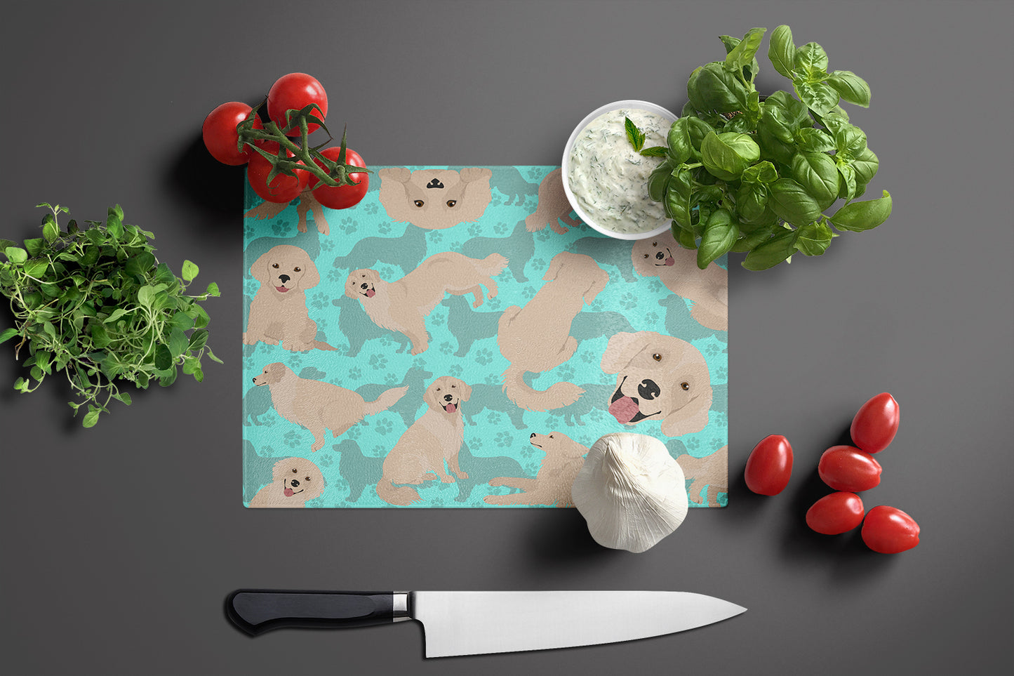 Cream Golden Retriever Glass Cutting Board Large