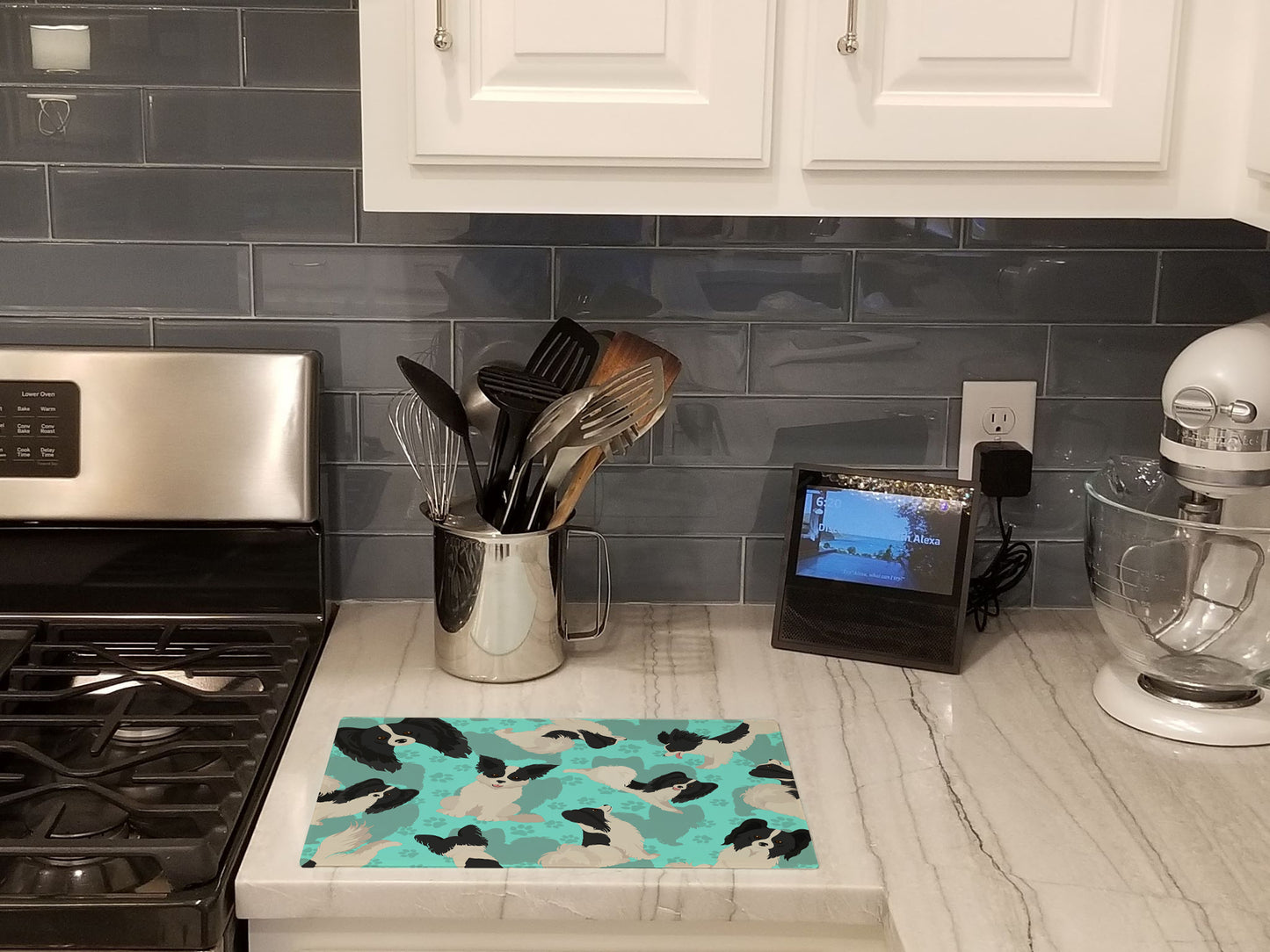 Black and Whtie Papillon Glass Cutting Board Large