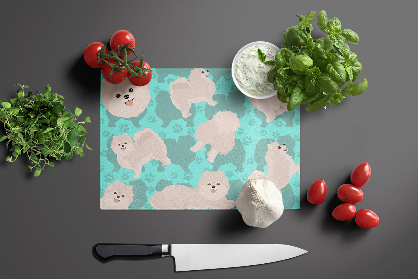 White Pomeranian Glass Cutting Board Large