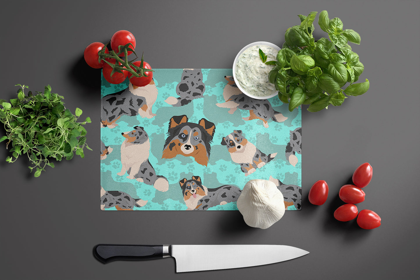 Blue Merle Sheltie Glass Cutting Board Large