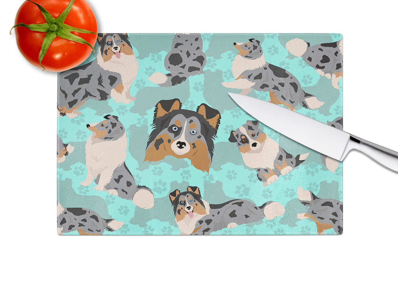 Blue Merle Sheltie Glass Cutting Board Large