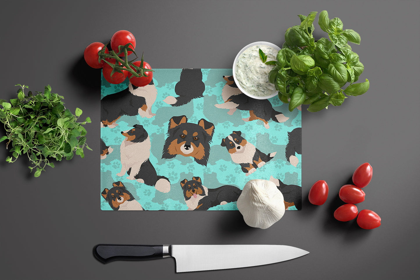 Tricolor Sheltie Glass Cutting Board Large