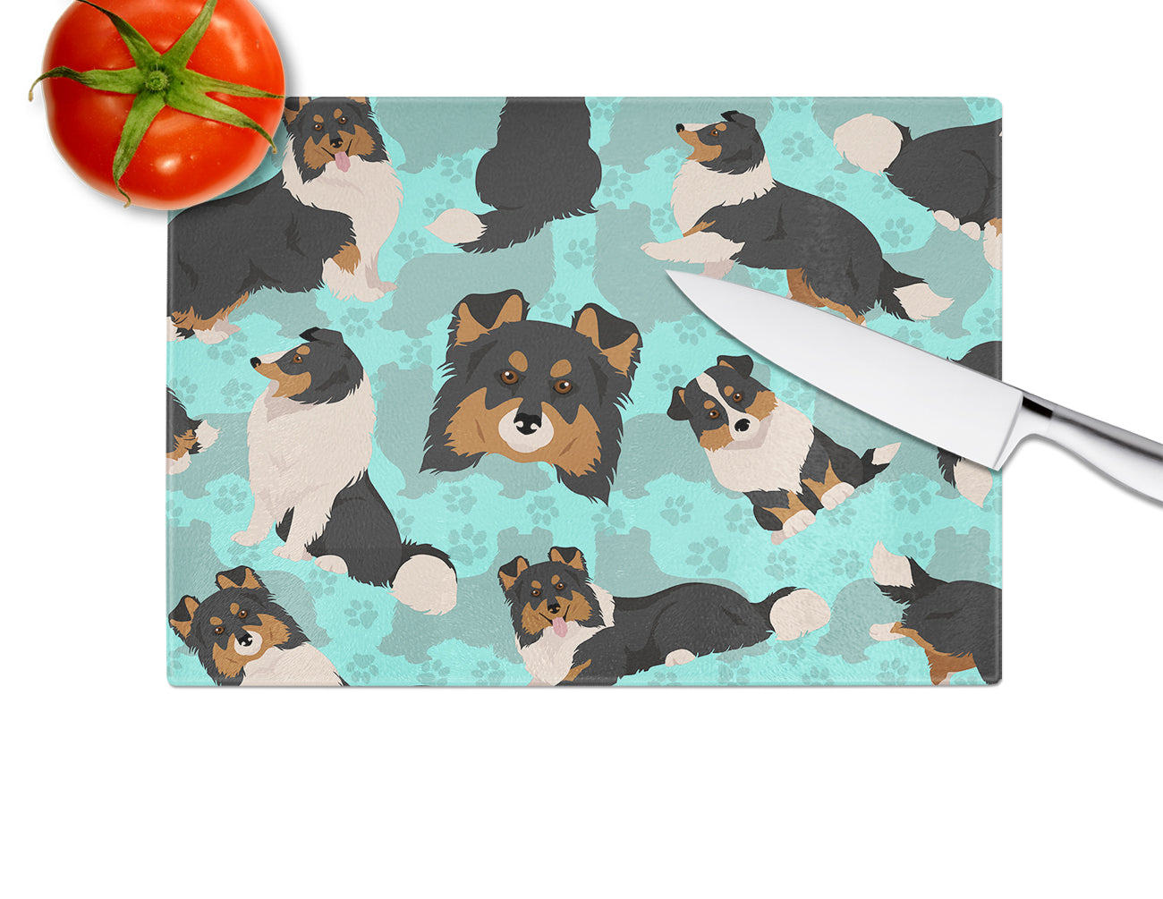 Tricolor Sheltie Glass Cutting Board Large