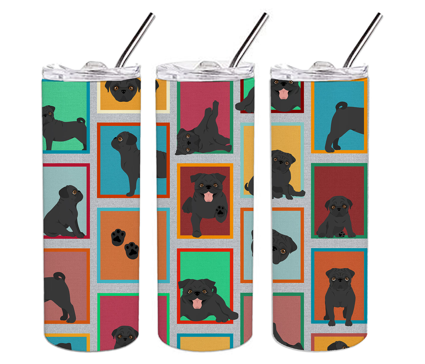 Lots of Black Pug Stainless Steel Skinny Tumbler