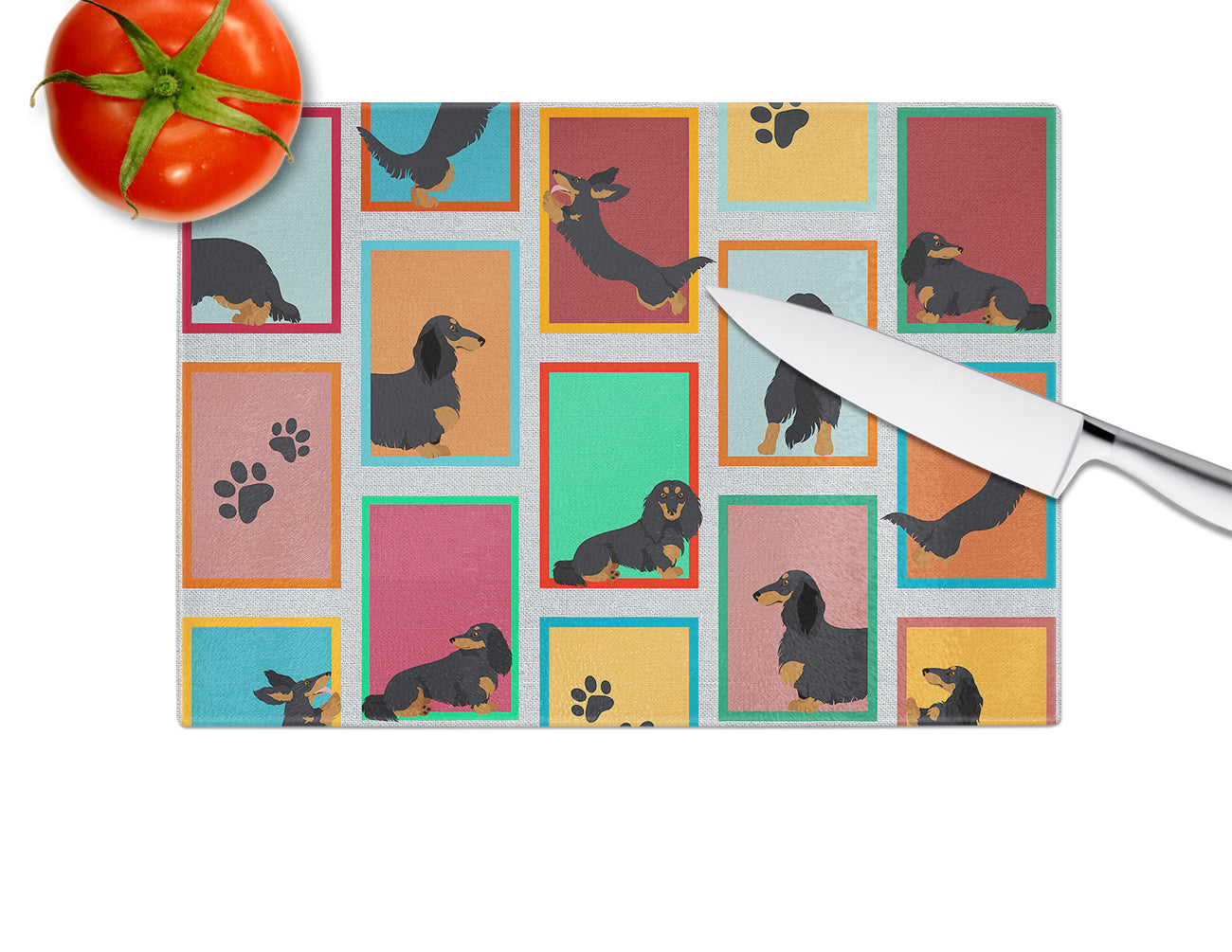 Lots of Longhaired Black Tan Dachshund Glass Cutting Board