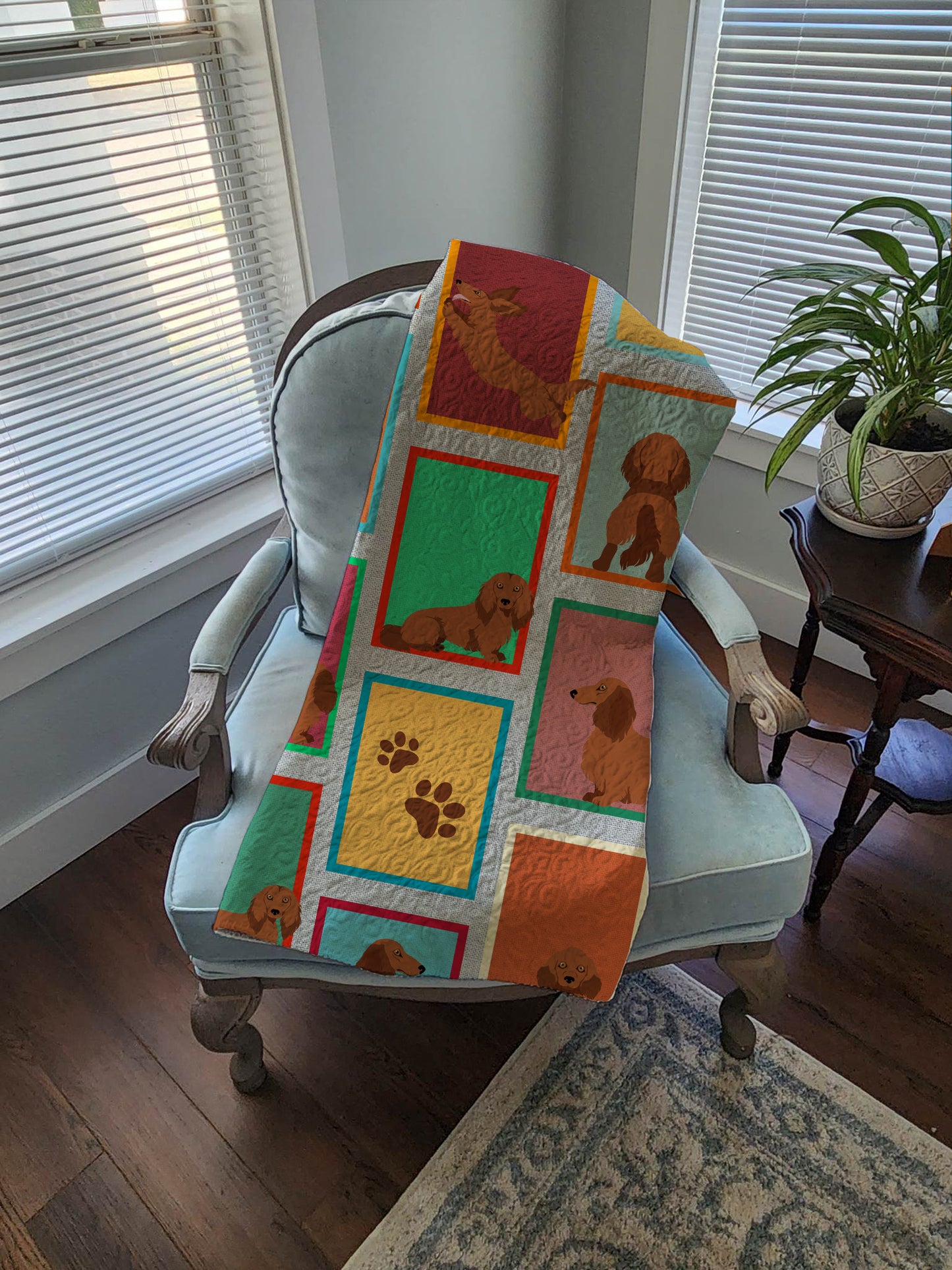 Lots of Longhaired Red Dachshund Quilted Blanket 50x60