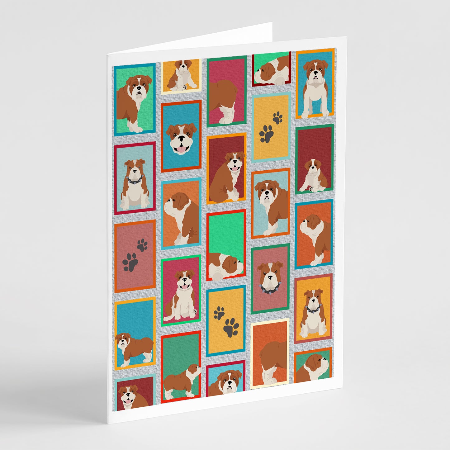 Buy this Lots of Red and White English Bulldog Greeting Cards Pack of 8