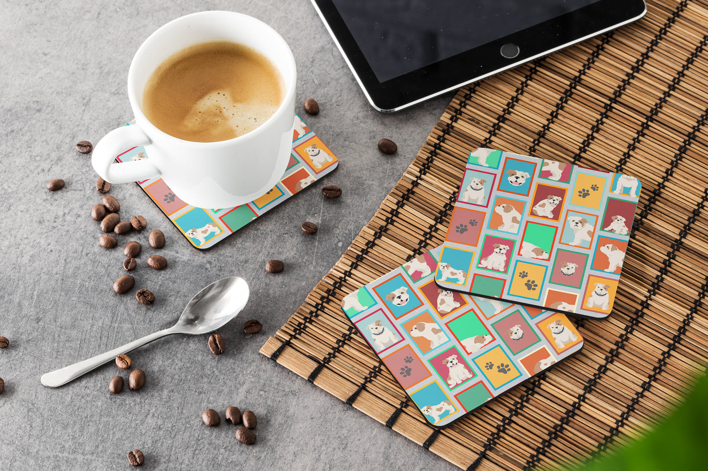 Lots of Piebald English Bulldog Foam Coasters