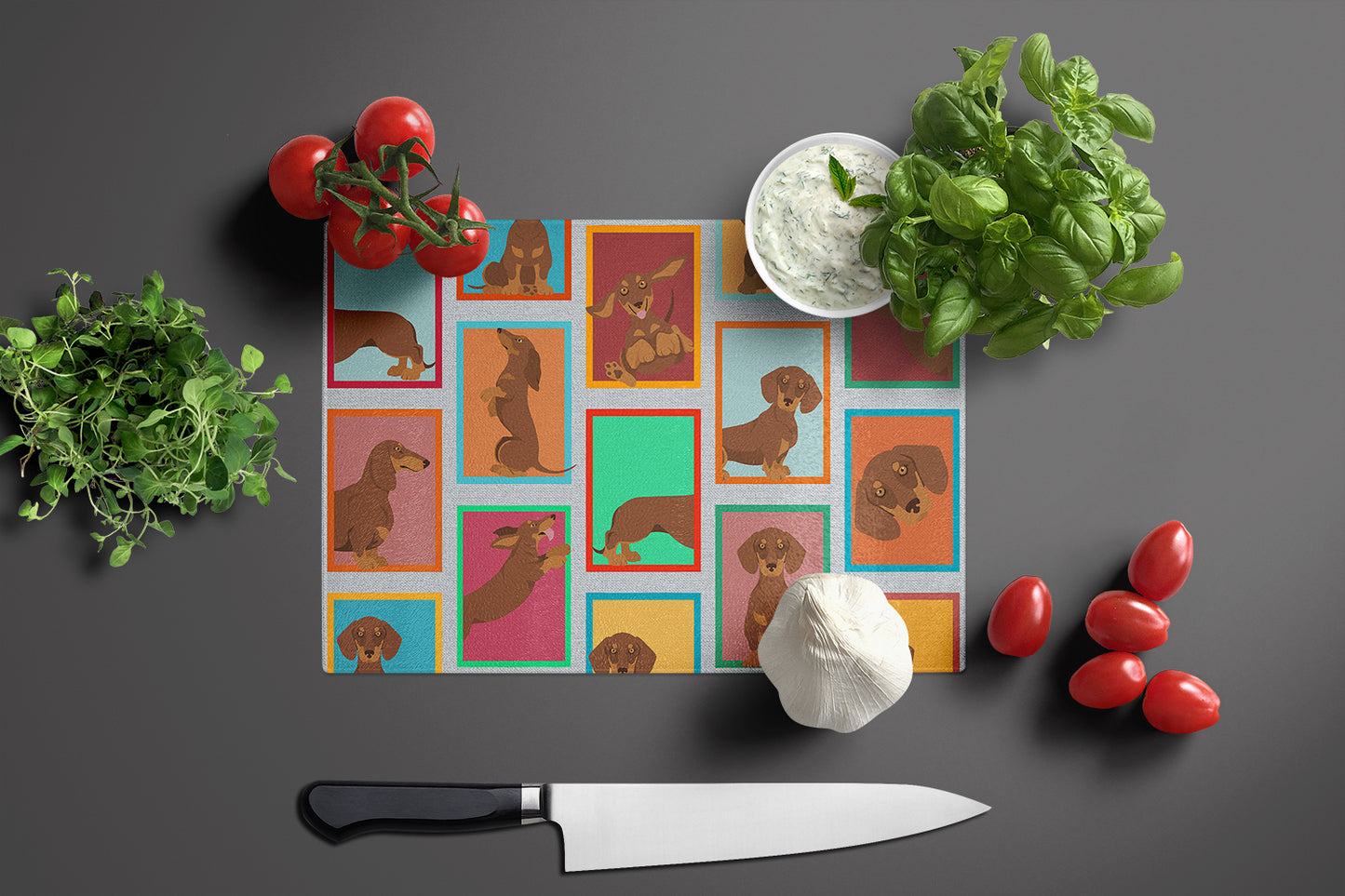 Lots of Chocolate and Tan Dachshund Glass Cutting Board