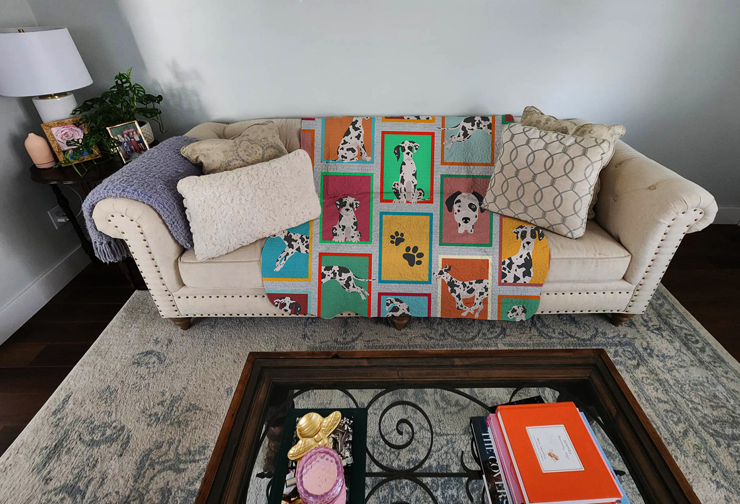 Lots of Harlequin Natural Ears Great Dane Quilted Blanket 50x60