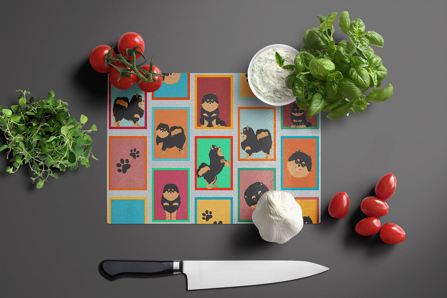 Lots of Black and Tan Pomeranian Glass Cutting Board