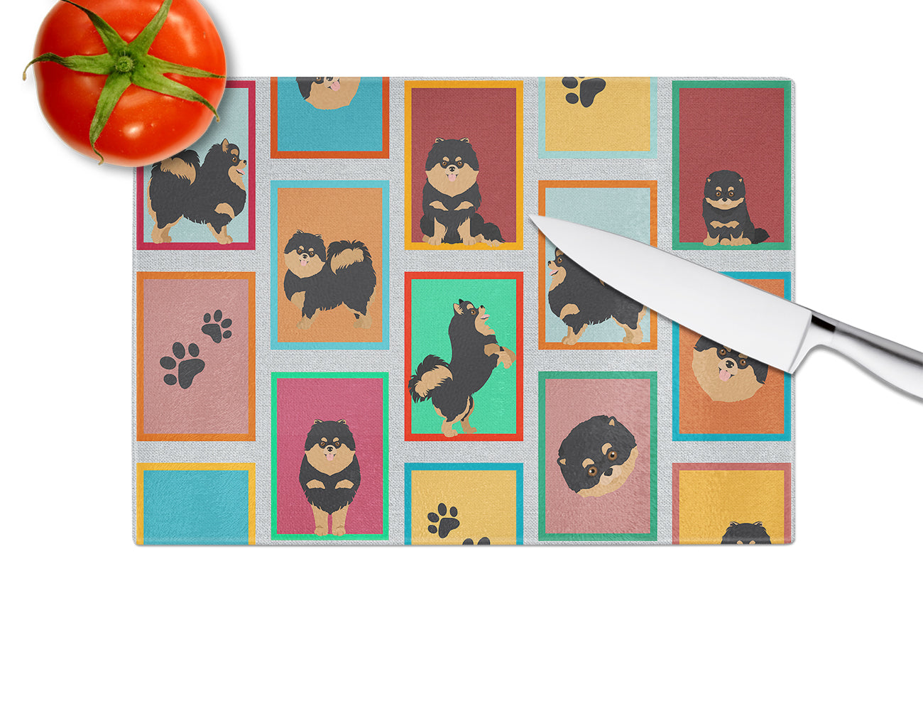 Lots of Black and Tan Pomeranian Glass Cutting Board