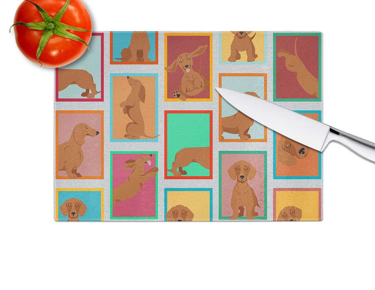 Lots of Red Dachshund Glass Cutting Board