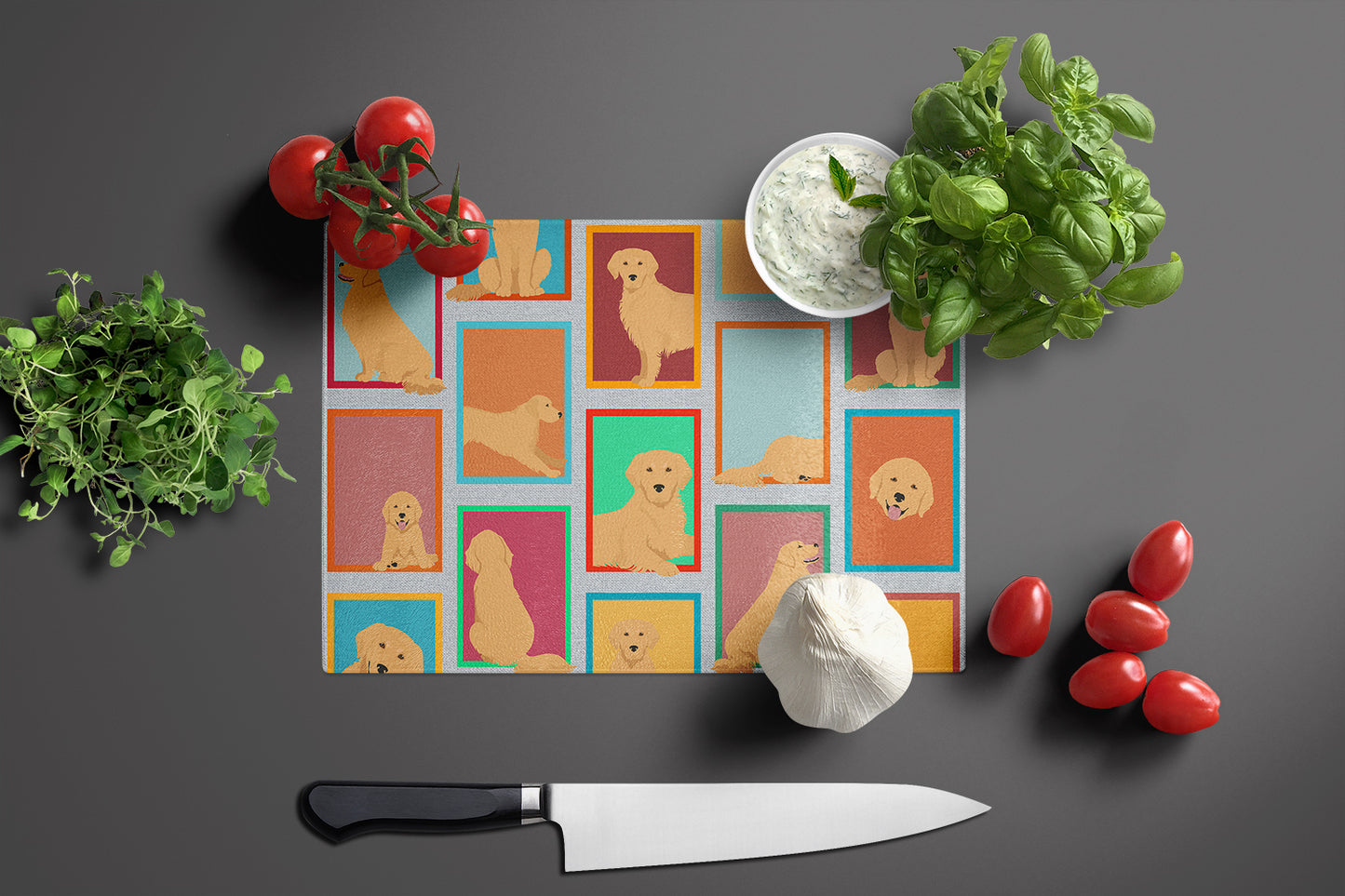 Lots of Golden Retriever Glass Cutting Board