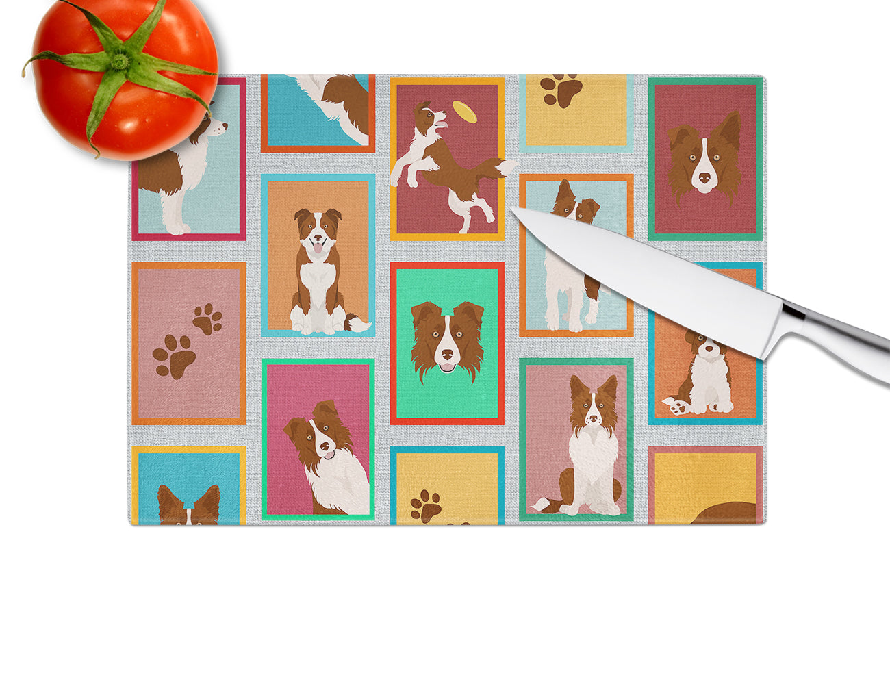 Lots of Red Border Collie Glass Cutting Board