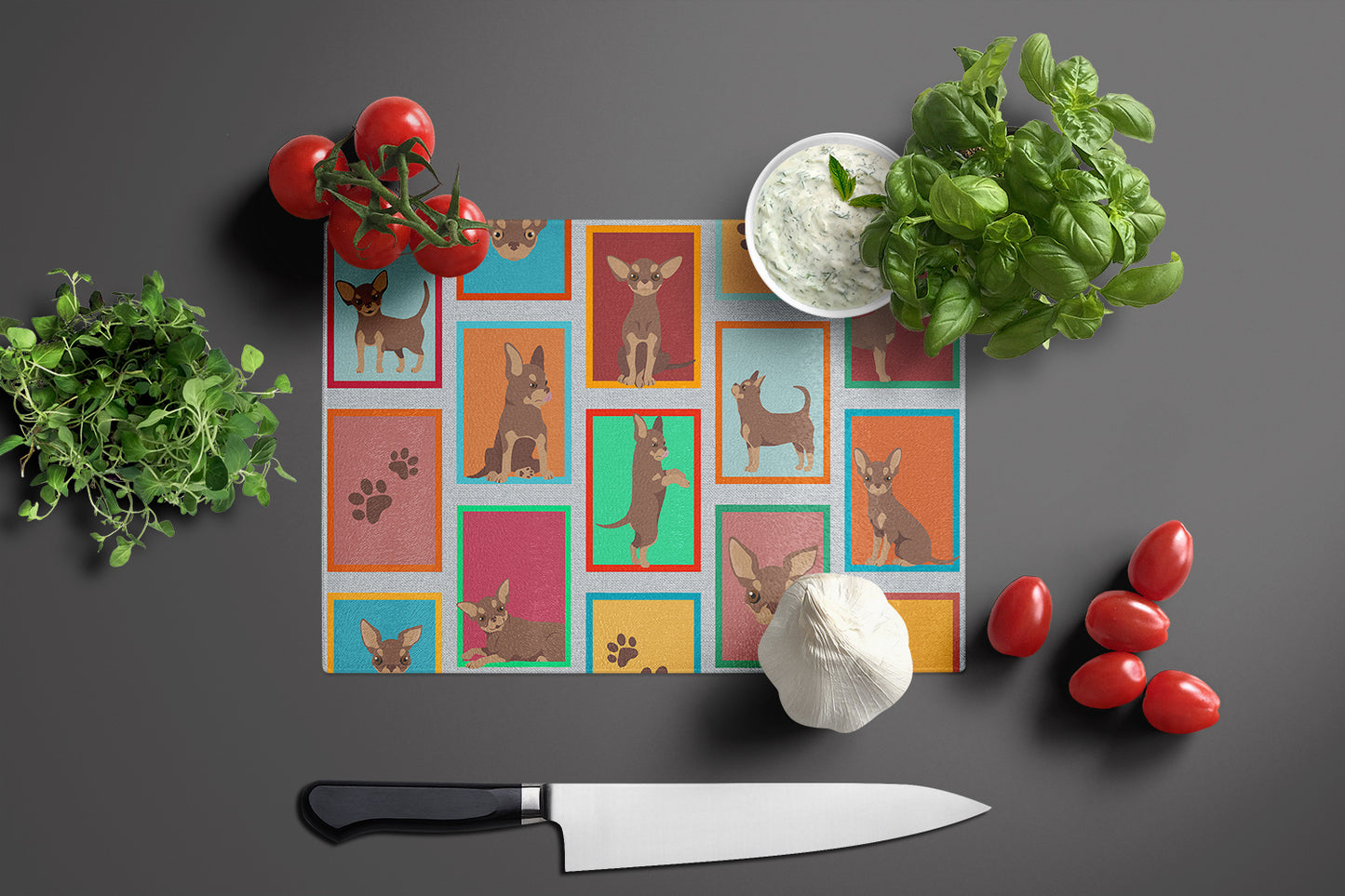 Lots of Chocolate Chihuahua Glass Cutting Board